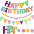 Pre-Strung Happy Birthday Banner - Felt Ball Garland Happy Birthday Pennant, Multicolor Bunting String Triangle (Macaron)