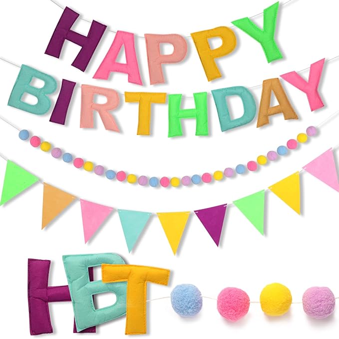 Pre-Strung Happy Birthday Banner - Felt Ball Garland Happy Birthday Pennant, Multicolor Bunting String Triangle (Macaron)