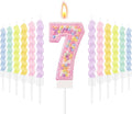 MTLEE Number 7 Birthday Candle with 12 Pcs Spiral Candles for Girls Macaron Pastel Rainbow Unicorn Pink Cake Topper for Sweet Theme Party Decoration