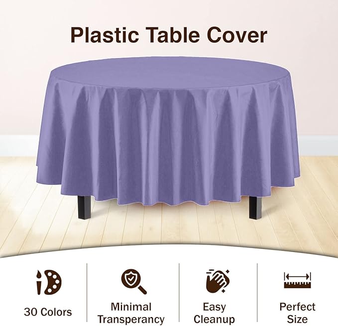 Exquisite Party Solids 6-Pack Premium Plastic Tablecloth 84in. Round Plastic Table Cover - Lavender