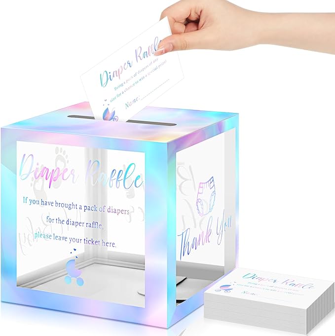 Funrous 51 Diaper Raffle Tickets with Box for Baby Shower Game Invitations Diaper Raffle Card for Gender Reveal Baby Shower Party Decoration Table Centerpiece(Clear Laser Silver)
