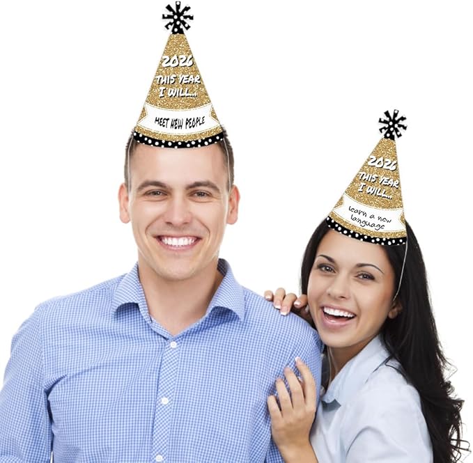 Big Dot of Happiness Pop, Fizz, Clink! - Cone Party Hats - 2026 New Year's Eve Resolution Cone Party Hat for Kids and Adults - Set of 8 (Standard Size)