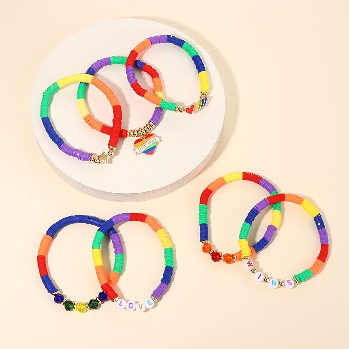 Surfer Heishi Bracelets for Women Stackable Rainbow Vinyl Disc Clay Beaded Stretch Bracelets Elastic Layering Friendship Bracelets Boho Summer Beach Jewelry