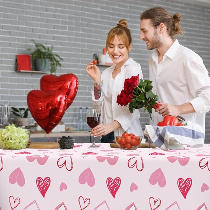 Valentines Tablecloth, 3Pack Valentines Day Tablecloth Decorations, 54x108 Inch Pink Heart Valentine Table Cloth Rectangle Disposable Table Cover for Valentine's Day Anniversary Wedding Party Supplies