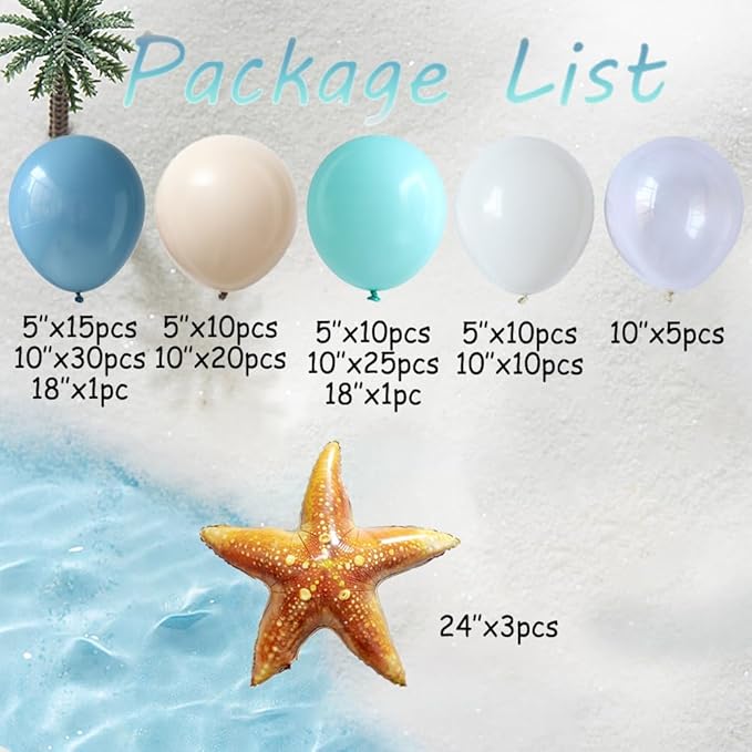 Under the Sea Party Decorations 140pcs Blue and sand white Balloons with Starfish Foil Balloons for Summer Ocean Beach Baby Shower Birthday Party Supplies