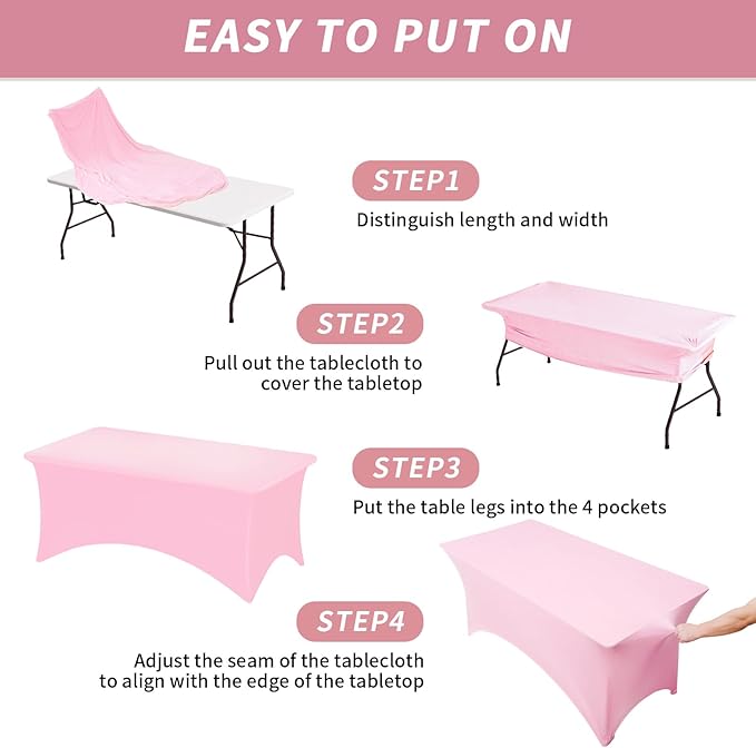 Fixwal 3 Pack Pink Table Cloths Rectangle 6FT, Tablecloths Rectangular Stretch Spandex Fitted Table Covers 6 FT for Valentine's Day, Parties, Banquet, Weddings, Buffet, Graduation Decorations