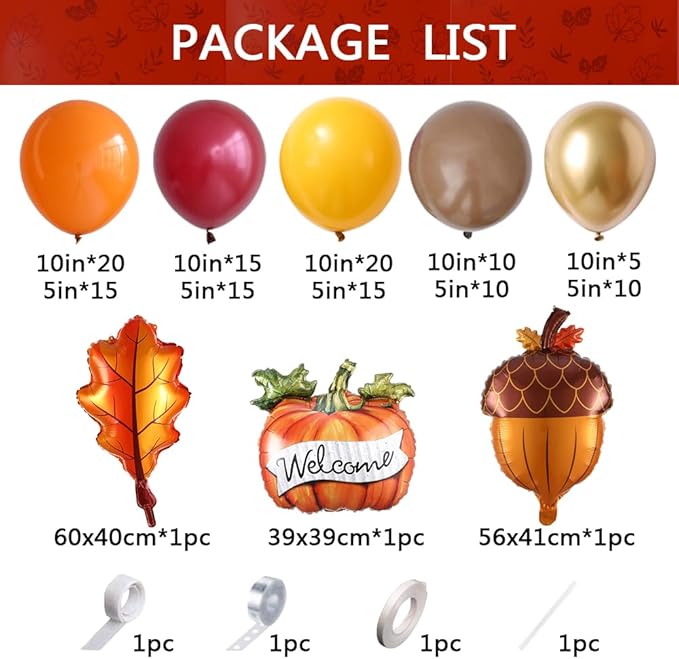 Fall Thanksgiving Balloon Arch Kit, 142Pcs Burnt Orange Burgundy Yellow Balloons with Maple Leaf Pumpkin Foil Balloons for Autumn Little Pumpkin Baby Shower Birthday Friendsgiving Party Decorations