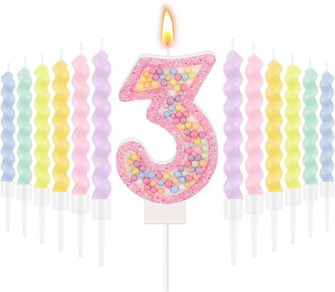 MTLEE Number 3 Birthday Candle with 12 Pcs Spiral Candles for Girls Macaron Pastel Rainbow Unicorn Pink Cake Topper for Sweet Theme Party Decoration
