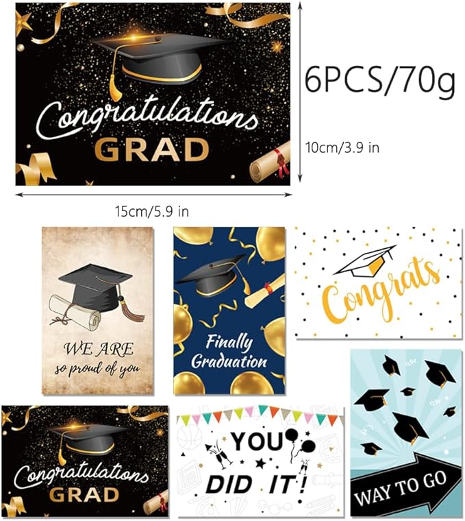 6 Pack Gold Foiled 5x7in 2025 Graduation Cards 2025 with Envelopes and Stickers, 6 Elegant Designs Graduation Card Pack
