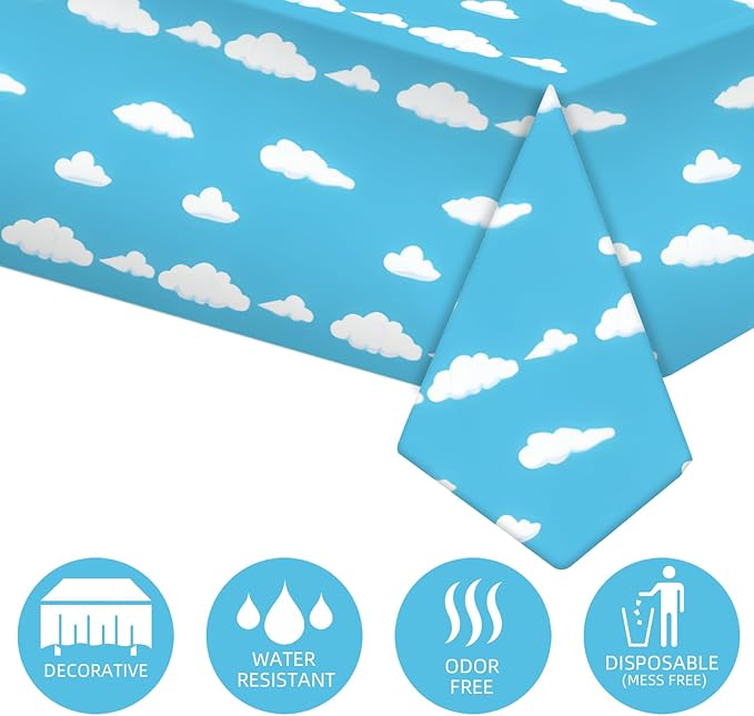 Blue Sky White Clouds Birthday Party Supplies Cartoon Story Tablecloth Party Table Cover Cartoon Table Banner for Baby Kids Shower Birthday Decorations, 54 x 108 Inch(3 Pieces)