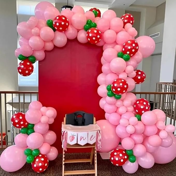 Strawberry Balloons Garland Arch Kit, 156Pcs Berry Sweet Tender Pink Red Dark Green White Balloons for Fruit Themed Birthday Party Baby Shower Decorations