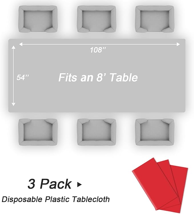 QIKSION Red Plastic Table Cloth Disposable 3 Pack, 54 x 108 Inch Tablecloths for Valentines, Mothers Day, Birthday Party, Christmas Decorations, Rectangle Table Cover