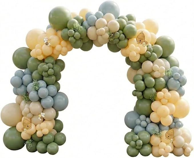 184Pcs Classic Winnie Balloon Garland Arch Kit - Classic Bear Theme Party Decorations with Blue Yellow Sage Green Sand White Balloons for Baby Shower Girl Boy Birthday Party Decorations
