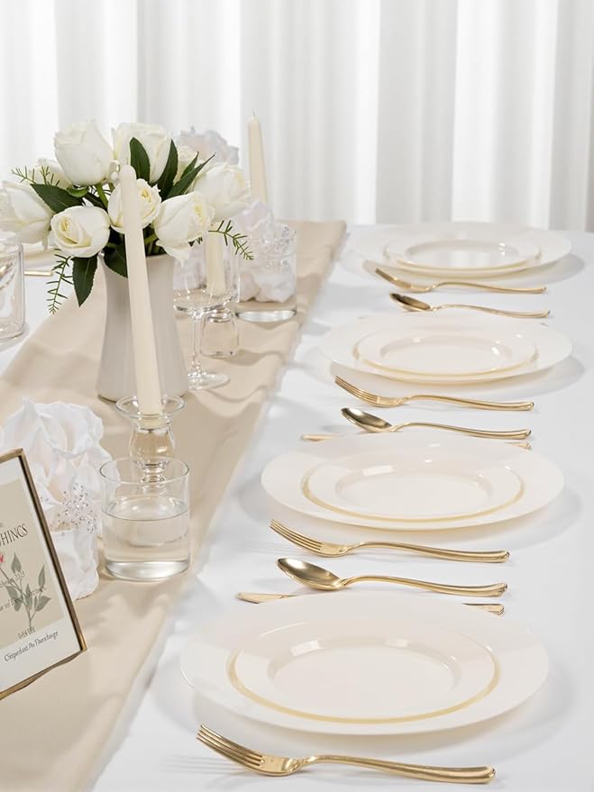 WDF 200PCS Ivory Plastic Plates - Elegant Ivory Disposable Plates for Party- Include 100 Dinner Plate 10inch and 100 Plastic Dessert Plate 7inch Perfect for Party Baby Shower Wedding Spring