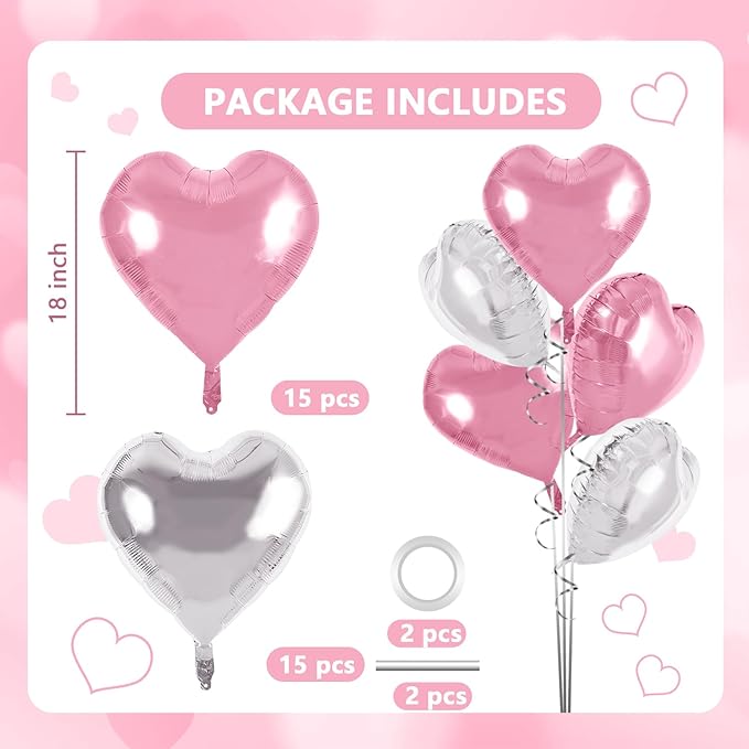 TONIFUL 30Pcs 18 Inch Silver Pink Balloons Heart Shape Foil Mylar Banners Decoration for Birthday Valentine's Day Wedding Bridal Shower Anniversary Engagement Party Supplies