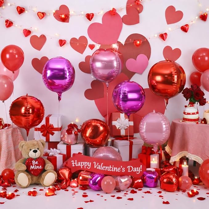 15PCS Red Pink Round Foil Balloons, 22" 15" 10" Large 4D Ball Balloons Red Hot Pearl Pink Mirror Sphere Balloon for Valentines Day Wedding Women Girls Birthday Party Ceiling Decorations