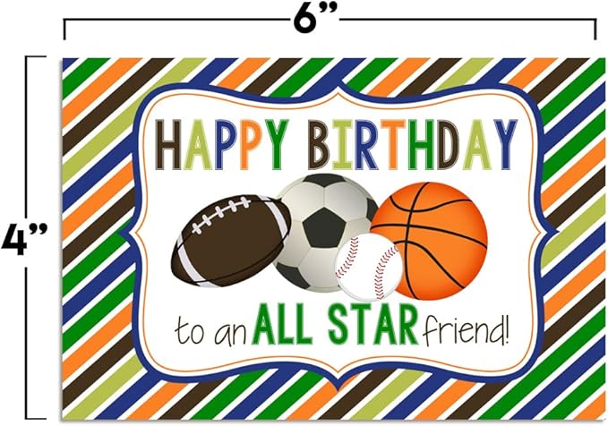 All Star Friend Sports Birthday Pun Themed Single (1) All Occasion Blank Birthday Card To Send To Friends & Family, 4"x 6" (when folded) Fill In Greeting Note Card by AmandaCreation