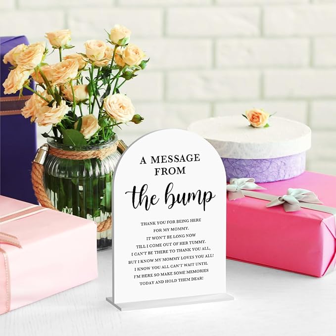 Baby in Bloom Shower Decorations, Baby Shower Sign, Newborn Gifts, Message From The Bump Signs, Modern Calligraphy Arched Acrylic Table Top Signs With Stand for Gender Reveal Party Decoration (White)