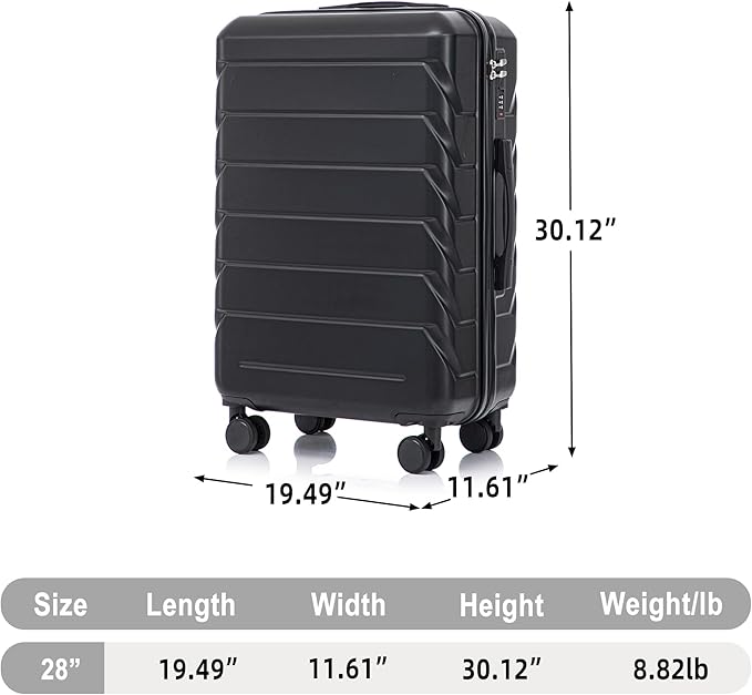 28 Inch ABS Hard Shell Large Luggage With Combination Lock and Side Hooks, Black
