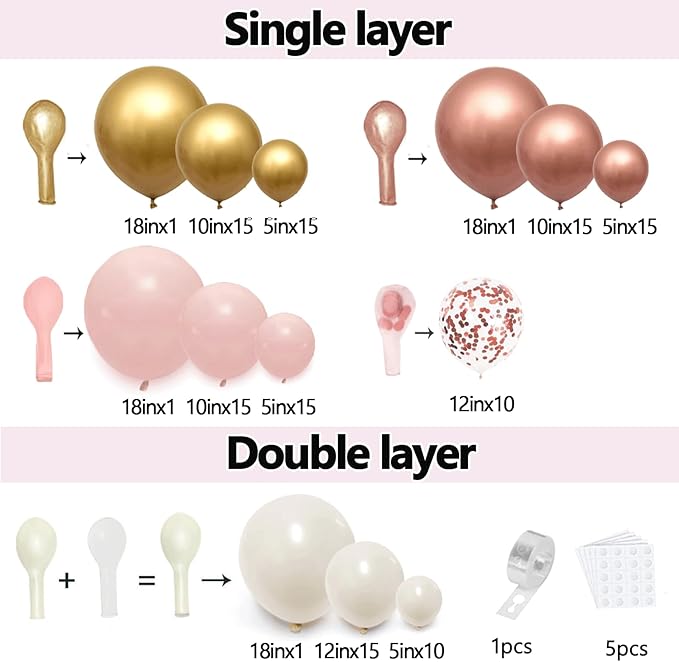 Rose Gold Pink Balloon Arch Kit, Double Stuffed Pearl White Rose Gold Metallic Light Pastel Pink Balloons Garland Kit for Birthday Bridal Shower Wedding Party Decorations