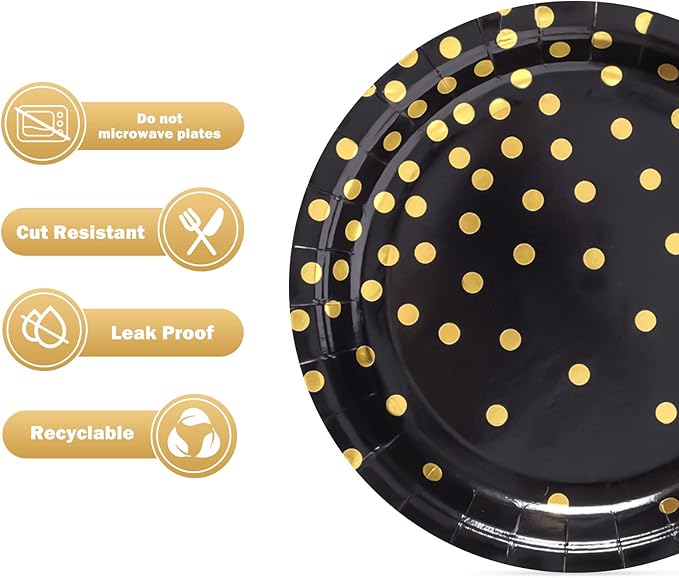 Black and Gold Party Supplies, Black Paper Dessert Plates for Birthday Graduation (50-Count)