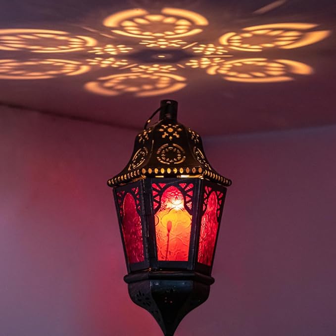 DECORKEY Moroccan Decorations, Lantern Decorative Indoor & Outdoor, 13.6’’ Vintage Decorative Hanging Lantern with Chian for Home Porch Patio Decor, Metal Ramadan Christmas Candle Holders(Plum Red)