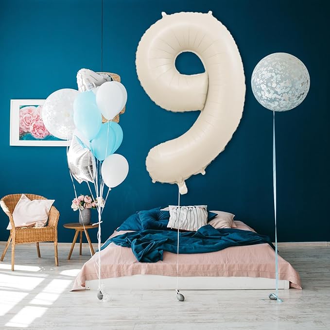 Smlpuame 40 Inch Beige Number 7 Balloons for Girls Boys 7th Birthday, Giant Self Inflating Cream Foil Number Balloons 0-9 Large White Sand Digital 7 Balloon for Party Decorations Anniversary Supplies