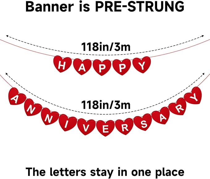 Pre-Strung Happy Anniversary Banner - No DIY Felt Wedding Anniversary Party Banner Sign Red Heart Garland for Romantic Wedding Decorations