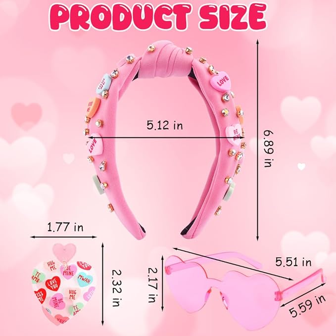 Valentines Day Headband for Women,4Pcs Pink Valentines Day Knotted Conversation Heart Headbands Earrings and Sunglasses Set for Women,Valentines Outfits Hair Accessories Gifts for Her