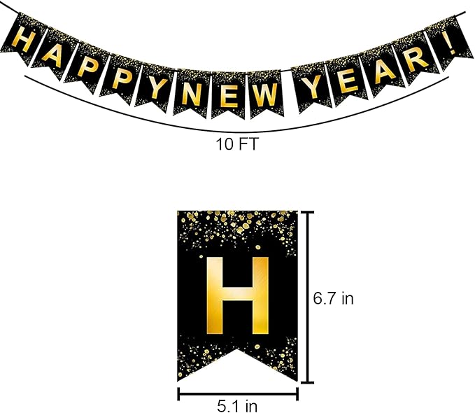 Fecedy Black Gold Happy New Year Banner for New year Party Decorations