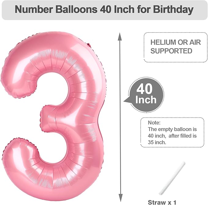 Pearl Pink Number Balloons, 40 Inch 3 Balloon for Birthday Party Decoration, Number 3 Ballon for 3, 13, 23, 30 Celebration, Men and Women Birthday, Wedding, Anniversary Decor