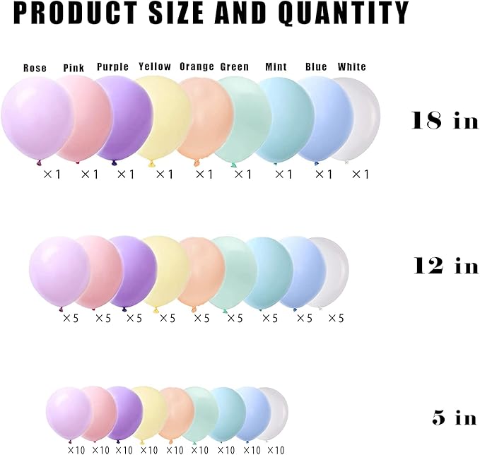 Macaron Colorful Balloons,144Pcs Mixed Size 5/12/18 Inch Assorted Pastel 9 Color Rainbow Latex Balloon for Unicorn Birthday Wedding Baby Shower Engagement Anniversary Christmas Party Decorations