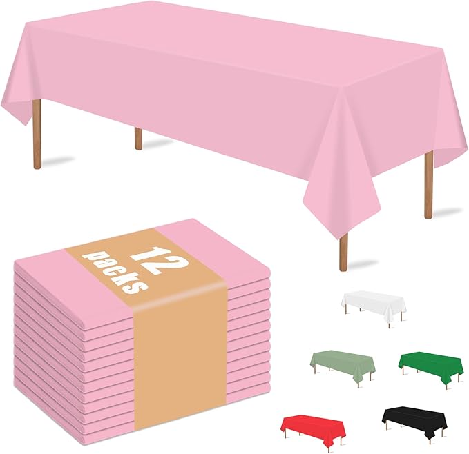 MRJ 12 Packs Pink Plastic Tablecloths 54x108 Inch, Disposable Rectangle Table Cover for Birthday Baby Shower Tea Party Decorations