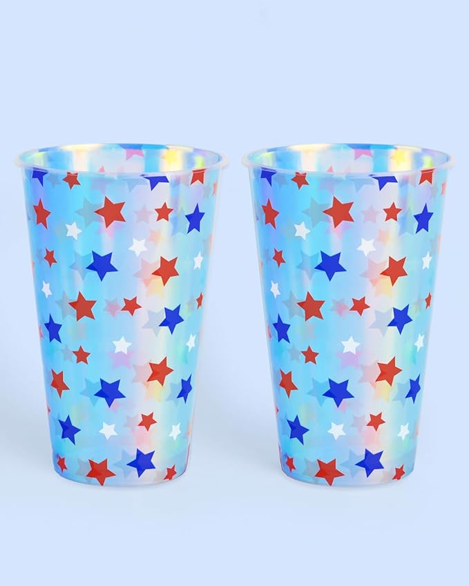xo, Fetti Fourth of July Decorations Iridescent Plastic Cups - 16 Disposable 16 oz Cups | USA Party Favors, American Flag Party Supplies, 4th of July Decorations, Red White and Blue Decor