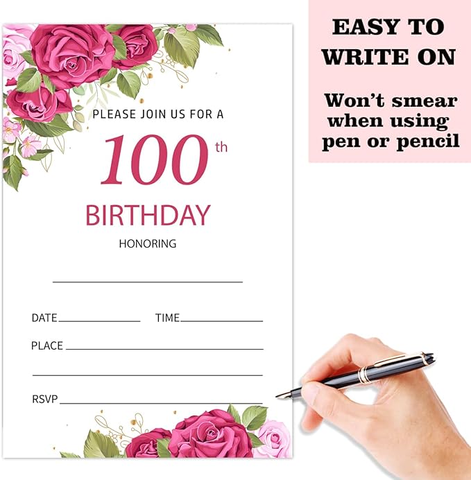 100th Rose Floral Birthday Invitation Cards for Women Men, 100 Years Old Birthday Invites for Adult, Party Supplies Favors, 20 Cards With 20 Envelopes -13