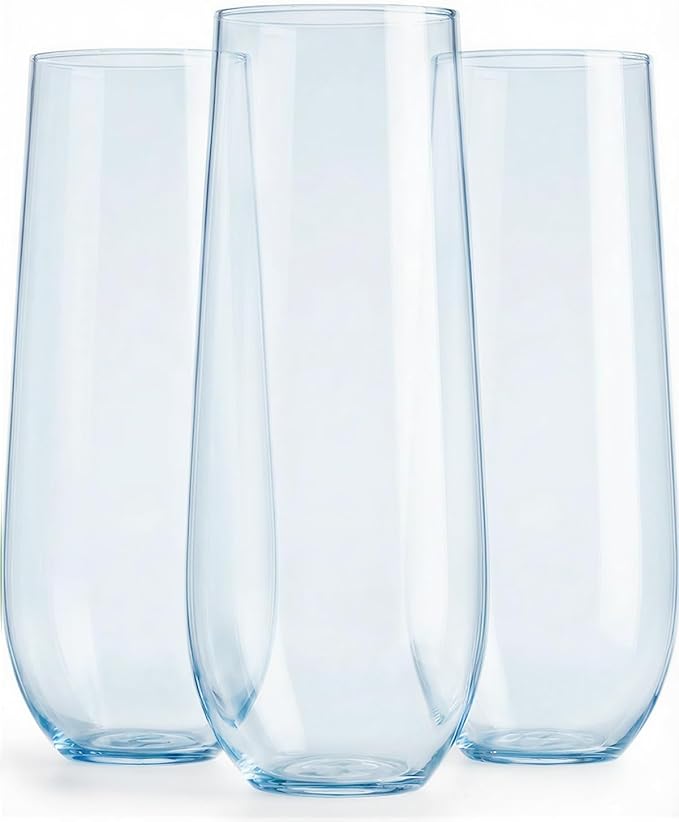 24 Pcak Champagne Flutes Plastic, 9 Oz Disposable Stemless Mimosa Clear Toasting Glasses, Clear Crystal Plastic Cocktail Cups for Party Wedding Birthday (Blue)