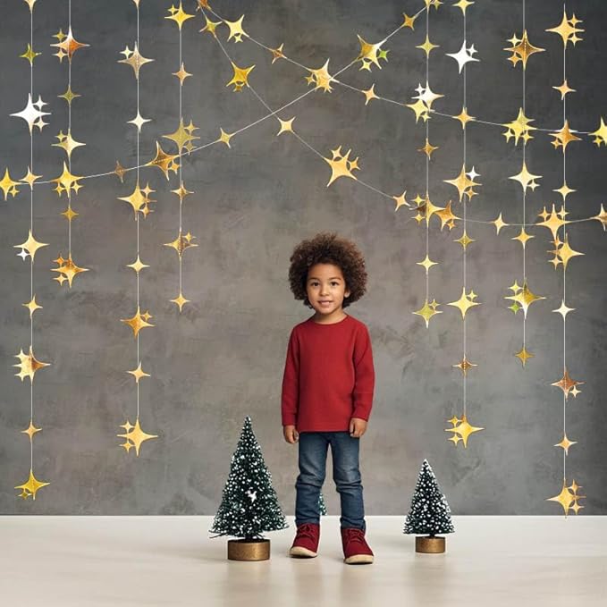 Glitter Gold Four-Angle Star Paper Garland Banner Décor 40 Feet Gold Twinkle Star Hanging Bunting Banner Backdrop for Wedding Baby Shower Birthday Graduation Disco Party Decorations