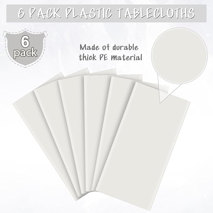 6Pcs 54 x 108 Inch White Rectangle Tablecloth,Disposable Plastic Table Cloth,Waterproof White Table Cover for Graduation Birthdays Weddings Anniversary Party Decorations