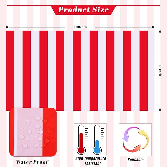 Kesfey 3 Packs Red and White Horizontal Striped Tablecloth 54 x 108 Inch Carnival Circus Theme Party Table Cloths Decorations Waterproof Rectangle Red Striped Tablecover for Picnic Plim Birthday Party