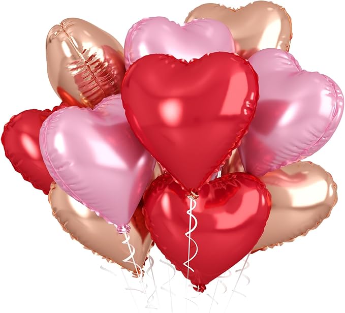 Rose Gold & Pink Heart Balloons - 10 Pcs 18 Inch Foil Heart Shaped Balloons for Girls Women - Red Light - Valentines Day, Birthday, Wedding, Baby Shower, Bridal Party Decorations