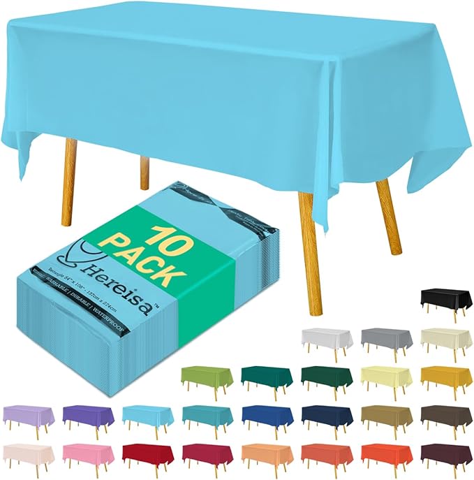 Disposable Light Blue Plastic Tablecloth 54x108 Inch, 10-Count Waterproof Rectangle Table Cover for Events, Catering