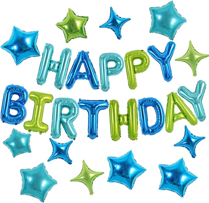 TONIFUL 35PCS Blue Green Happy Birthday Decorations Kit 16 Inch Happy Birthday Balloon Banner with Star Balloons Mylar Foil Birthday Party Decorations Supplies for Men Women Adults Girls Boys Kids