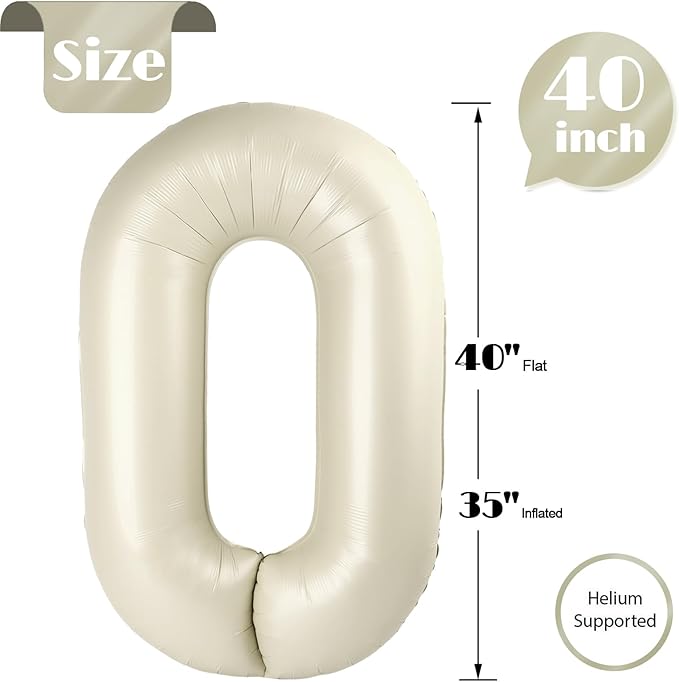 Cream Number 0 Balloon 40 Inch, 0 Balloon Numberfor 10th 20th 30th 40th 50th 60th Birthday Decorations, Cream Party Supplies for Men Women