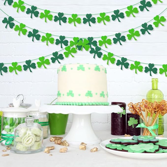 AKEROCK St Patricks Day Garland, Pre-Stung Hanging Felt Shamrock Garland for Wall, Fireplace Mantle Decor - St Patricks Day Decorations for The Home - 6 Saint Patricks Day Banners, 12 Pcs of Each