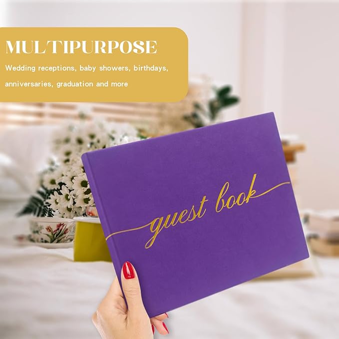 Elegant Wedding Guest Book - Perfect for Wedding Receptions, Baby Showers, Birthdays and Special Events - Polaroid Guest Book with 110 Lined Pages for Sign-in and Photos -Hardcover (Purple)
