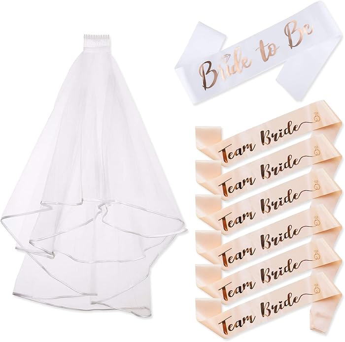 8 Pcs Bride to be Sash Veil Set Bachelorette Party Decorations 1 Bachelorette Veil, 1 Bride Sash and 6 Team Sashes