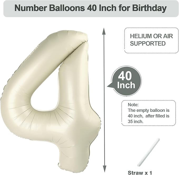Numbers Balloon, 40 Inch Foil 4 Balloons for Birthday Party Decoration, Cream Number 4 Ballon for 4, 14, 24, 40 Celebration, Birthday, Christmas, Anniversary Decor