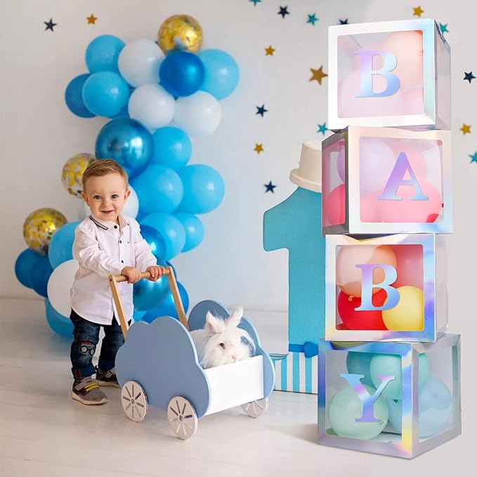 Baby Boxes with 4 PCS Letters for Baby Shower White Clear Balloon Box Blocks Gender Reveal Decorations and Birthday Party (Silver)
