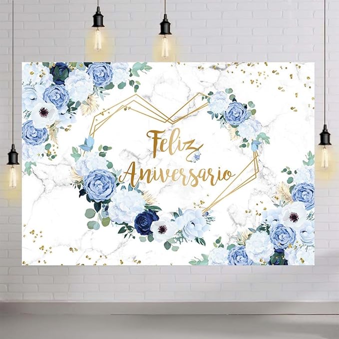 MEHOFOND 10x7ft Feliz Aniversario Backdrop Blue White Floral Wedding Anniversary Photography Background Hearts Geometric Couple Wedding Women Birthday Party Cake Smash Decor Studio Photo Props