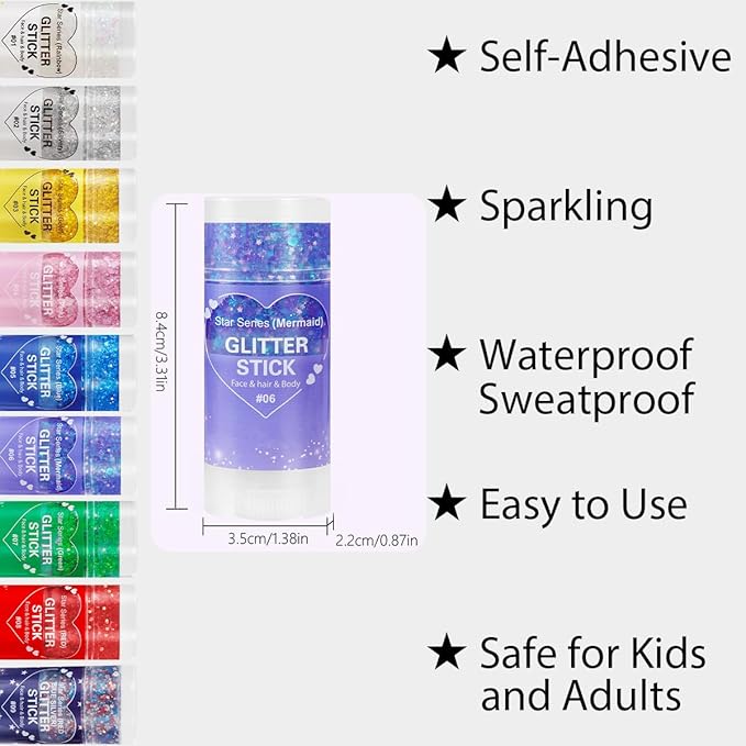 Mysense Purple Body Glitter Stick,Mardi Gras Face Hair Glitter,Singer Concert Festival Rave Outfit Accessories for Women Kids,Sparkling Mermaid Sequins Chunky Glitter Makeup
